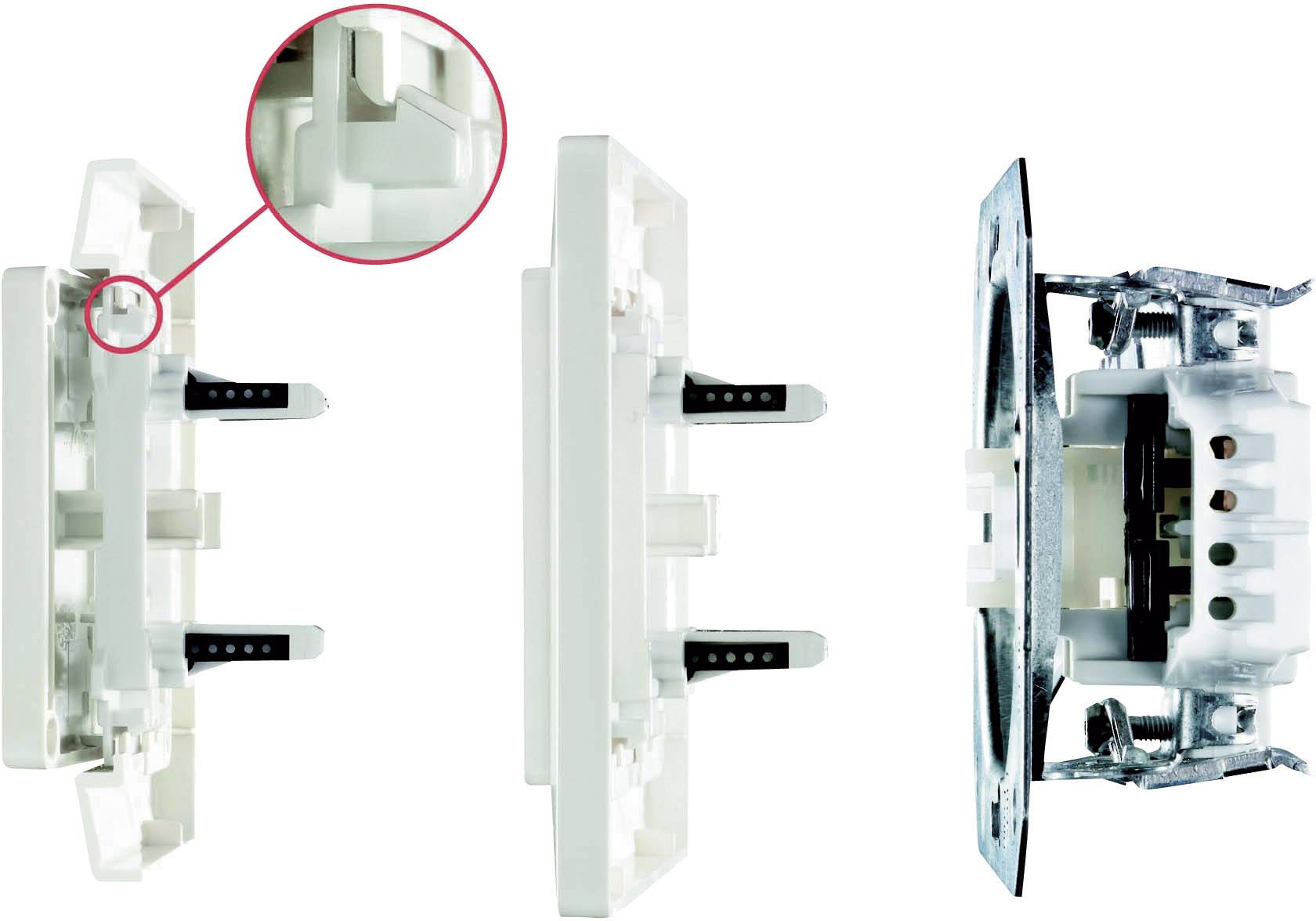 Abbildung von einem Wandschalter mit Seitenansichten. Details zur Befestigung und elektrischen Anschlüssen sichtbar.