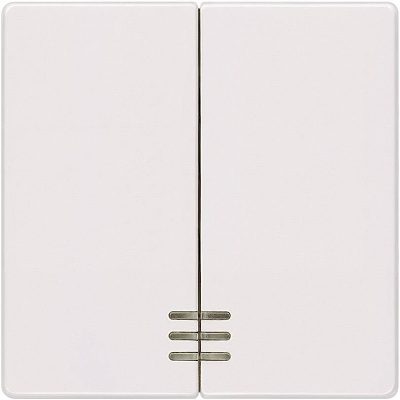 Weißer Lichtschalter mit zwei Tasten, horizontal ausgerichtet, und drei kleinen horizontalen Linien in der Mitte.