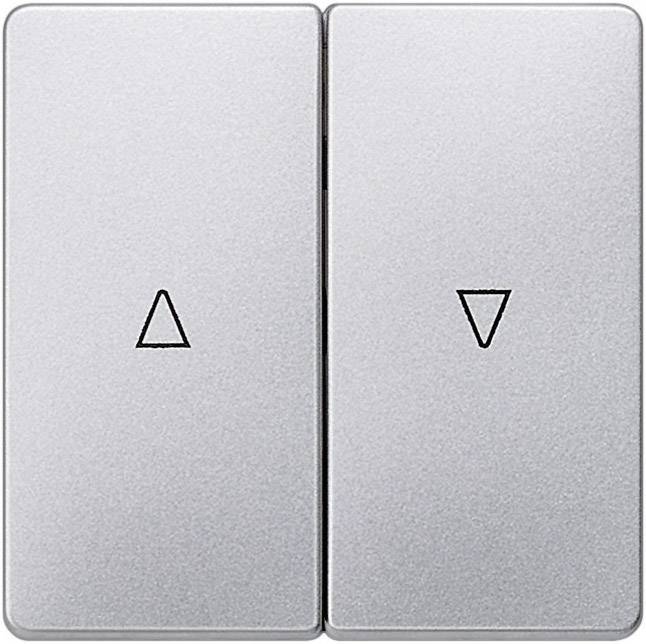 Ein Doppelschalter mit Pfeilsymbolen, der linke zeigt nach oben, der rechte nach unten, vermutlich für die Steuerung von Jalousien.