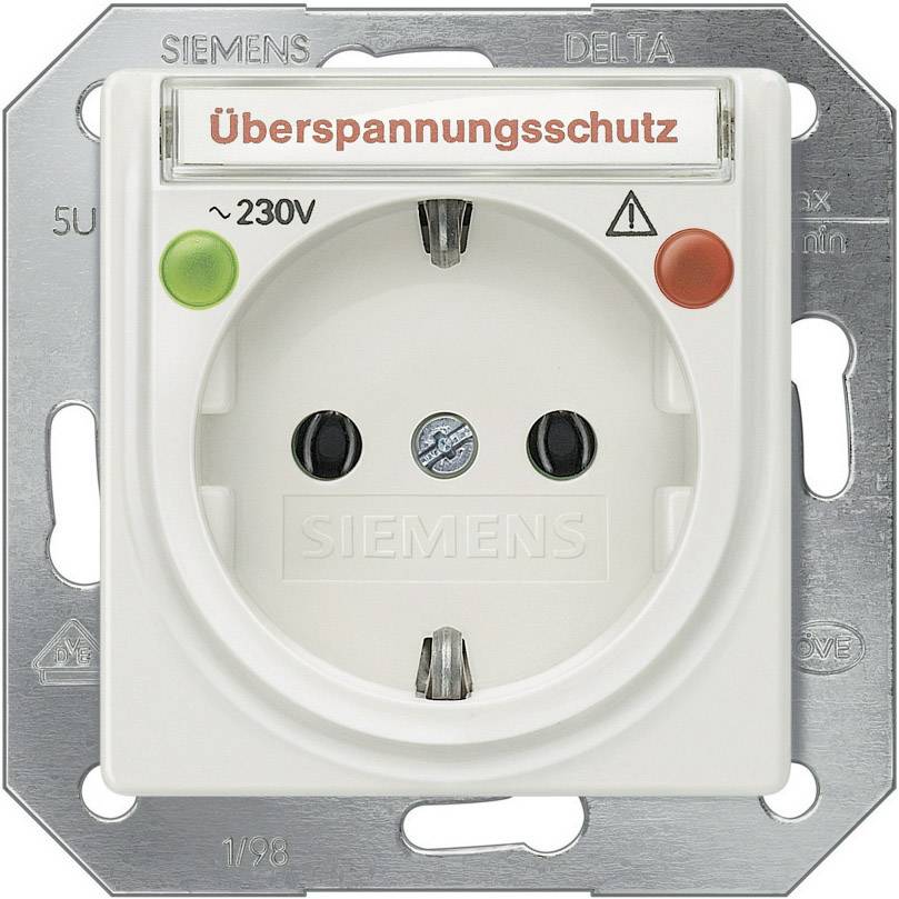 Überspannungsschutz-Steckdose mit grünem und rotem Licht zur Anzeige des Betriebstatus. Beschriftung: Überspannungsschutz, ~230V.