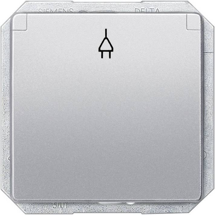 Ein silberner Lichtschalter mit einem schwarzen Steckersymbol darauf, montiert auf einer quadratischen Platte.