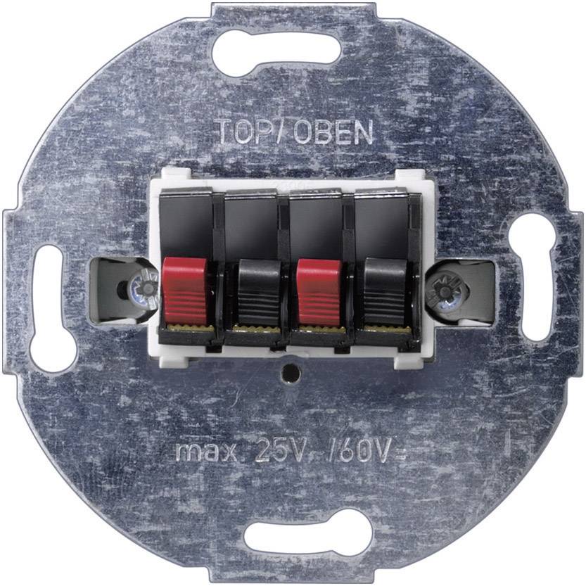 Ein elektrischer Schalter mit drei Steckverbindungen, teilweise rot, in einem runden Metallrahmen. Markiert mit 'TOP/OBEN' und 'max 25V/60V'.