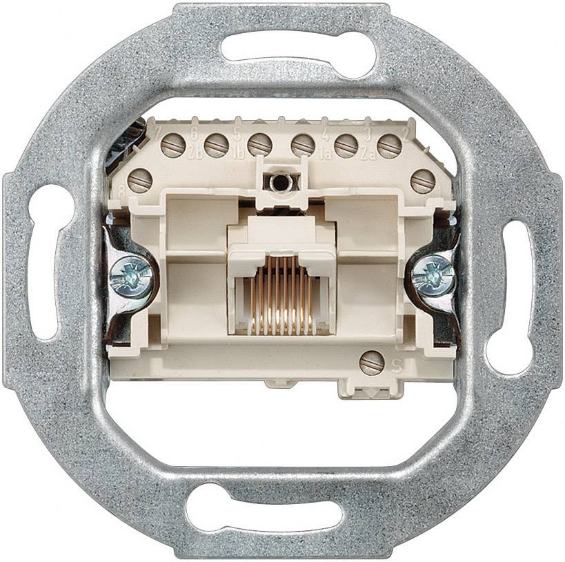 Ein elektrischer Wandstecker in Metallrahmen, mit Schrauben zur Befestigung und sichtbaren Anschlussklemmen.