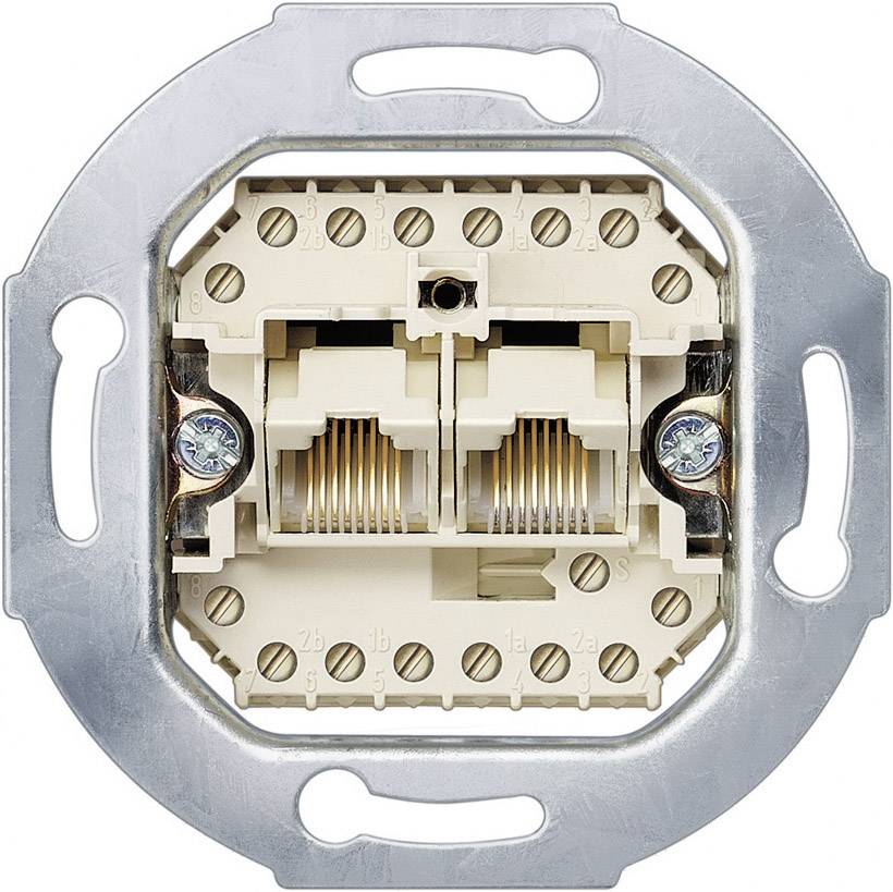 Einbau-Netzwerkdose mit zwei RJ45-Anschlüssen, hergestellt für die Montage in Standard Unterputzdosen, geeignet für Ethernet-Verkabelung.