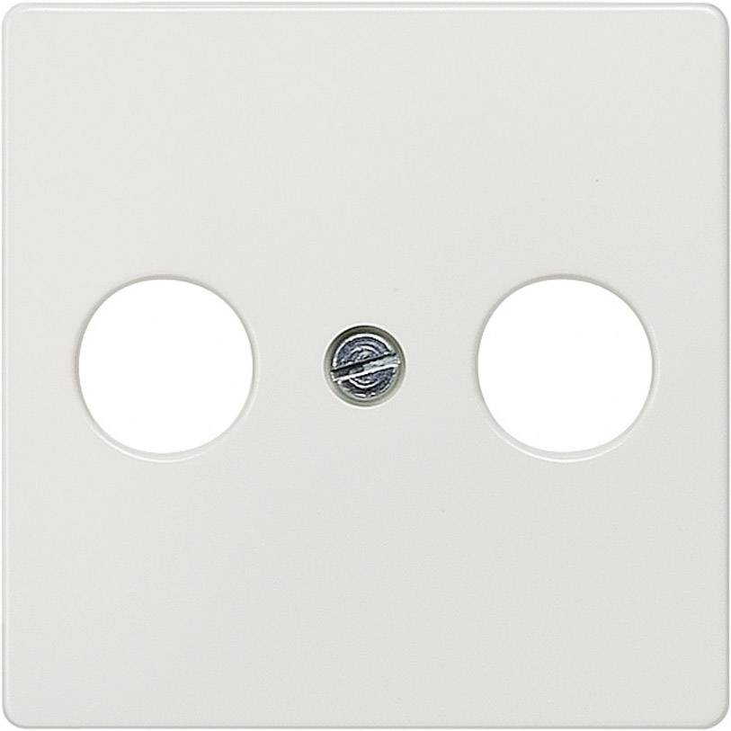 Weiße, quadratische Abdeckung für eine Steckdose mit zwei runden Öffnungen und einer mittigen Schraube.