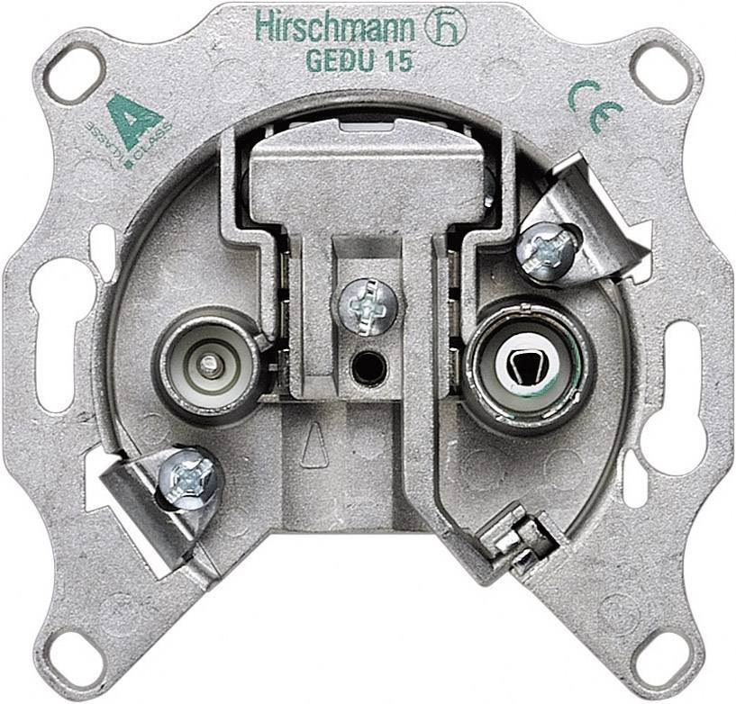 'Antennensteckdose Hirschmann GEDU 15' zeigt Koaxialanschlüsse für Radio und TV. Gehäuse aus Metall mit CE-Kennzeichnung.