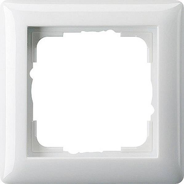 Ein weißer, quadratischer Lichtschalter-Rahmen aus Kunststoff.