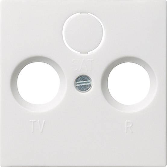 Weiße TV- und SAT-Steckdose mit drei Anschlüssen, beschriftet mit 'TV', 'SAT' und 'R'. Ideal zum Anschluss von Fernseh- und Radiosignalen.