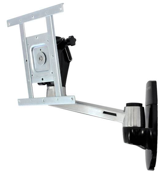 Monitorhalterung zur Wandmontage, silberfarben mit schwenkbarem Arm, ermöglicht flexible Positionierung von Bildschirmen.