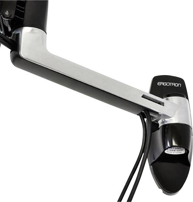 Ein verstellbarer Monitorarm von Ergotron aus Metall und Kunststoff, geeignet zur Befestigung an Tischen, mit Kabelmanagementsystem.