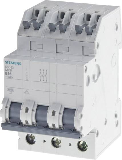 Ein dreipoliger Siemens-Leistungsschalter, Modell B16, zeigt Schaltmechanismen mit der Angabe '400V'. Geeignet für Geräteabsicherung.
