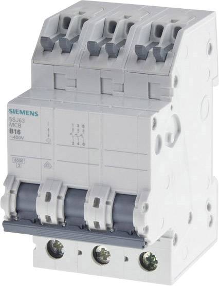 Leistungsschalter von Siemens mit drei Schaltern, Modell B16, geeignet für Wechselstrom bis 400V, für Sicherheitseinrichtungen in elektrischen Installationen.