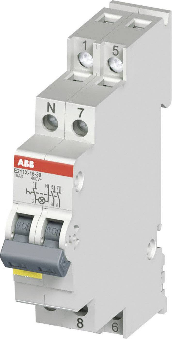 Ein zweipoliger Leitungsschutzschalter von ABB, Typ E21X-16-30, mit grauen Schaltern. Er dient der elektrischen Sicherheit und Schutz.