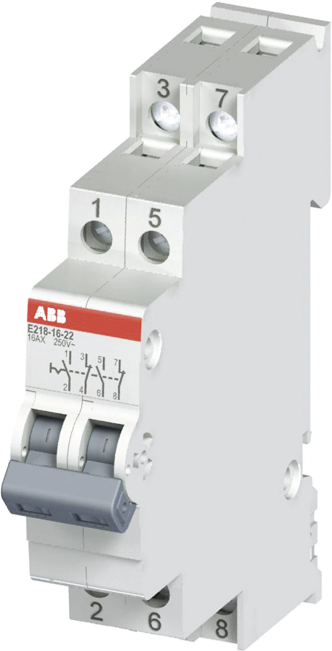 Ein zweipoliger Schutzschalter von ABB, Modell E218-16-2Z, zeigt Schalter und Anschlüsse. Funktionen zur elektrischen Sicherheit.