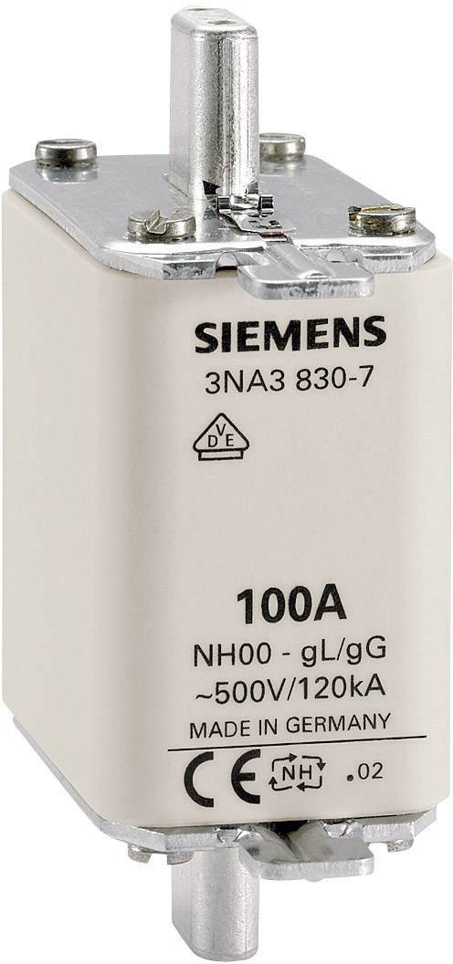Sicherung 100A von Siemens mit der Modellnummer 3NA3 830-7. Geeignet für Spannung bis 500V und Strom von 120kA. Hergestellt in Deutschland.