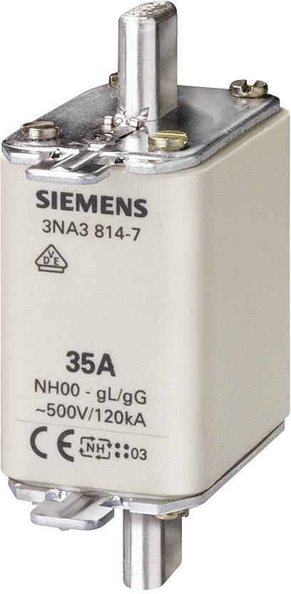 Sicherungseinsatz von Siemens, Modell 3NA3 814-7, 35 Ampere, 500V/120kA, NH00 Typ gL/gG, mit CE-Kennzeichnung.