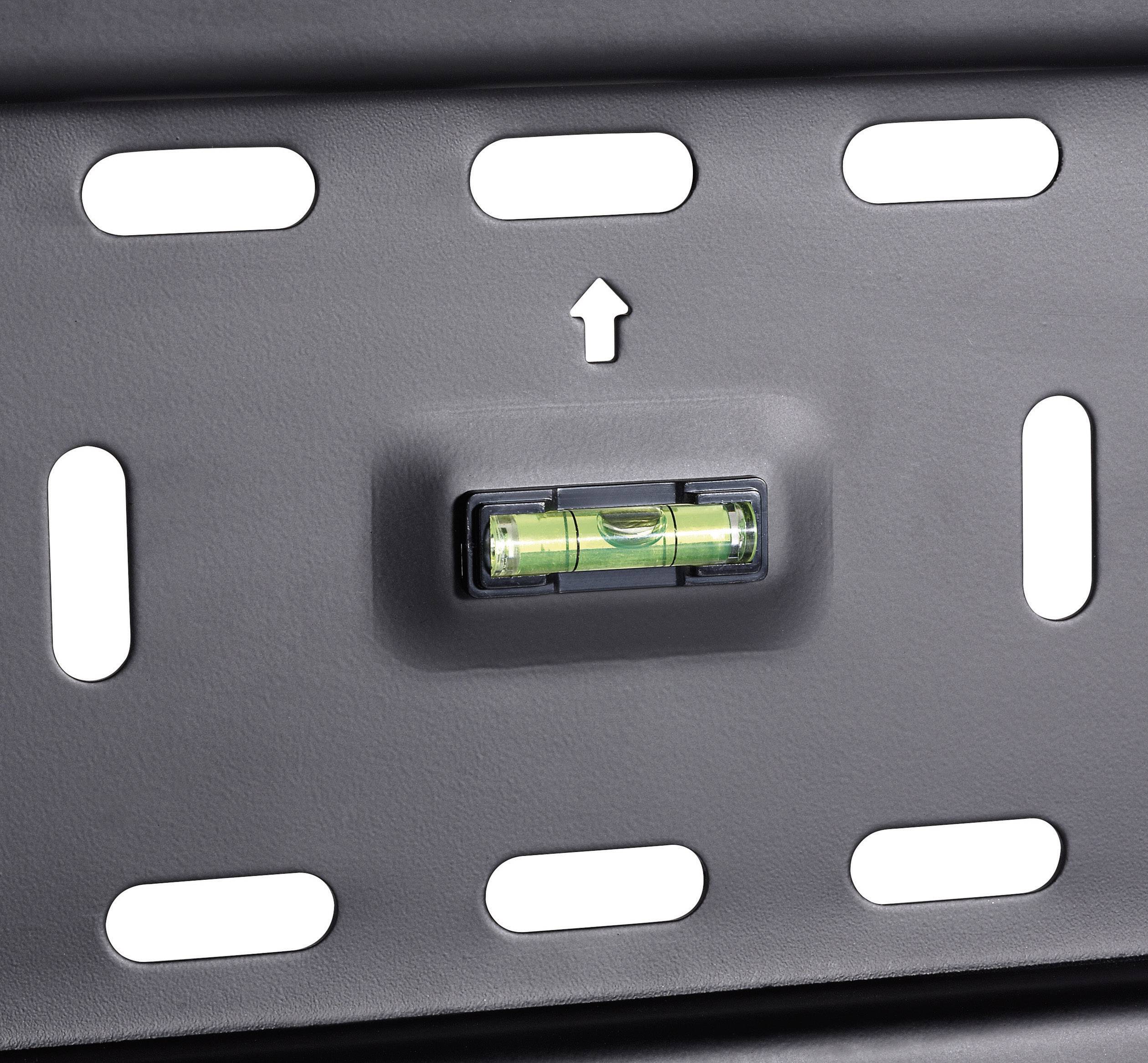 Wasserwaage auf einer schwarzen Montagehalterung mit Pfeil, der die richtige Ausrichtung anzeigt.