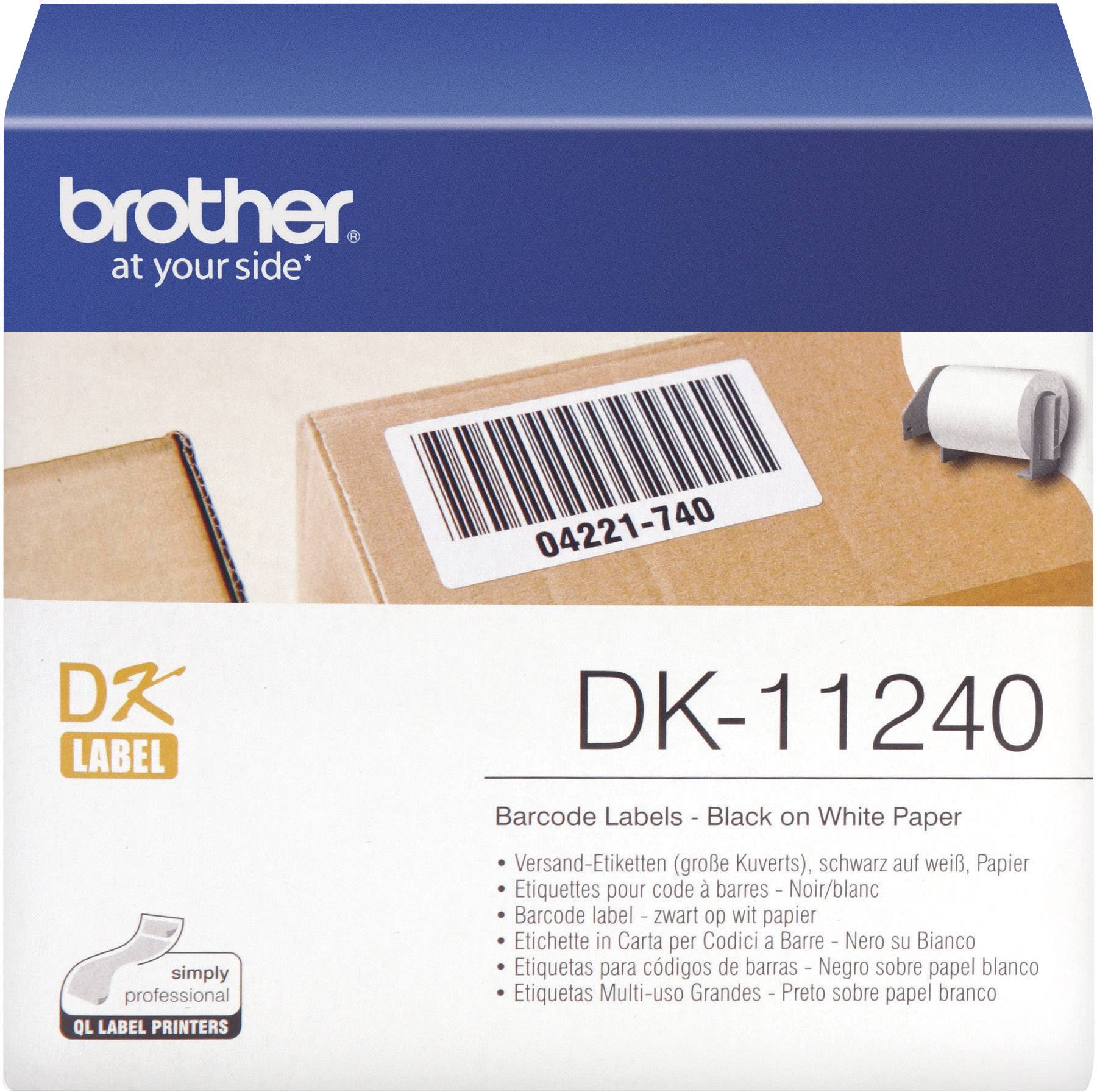 Etikettenverpackung von Brother mit Modellnummer DK-11240. Zeigt Barcode-Etiketten in Schwarz auf weißem Papier.
