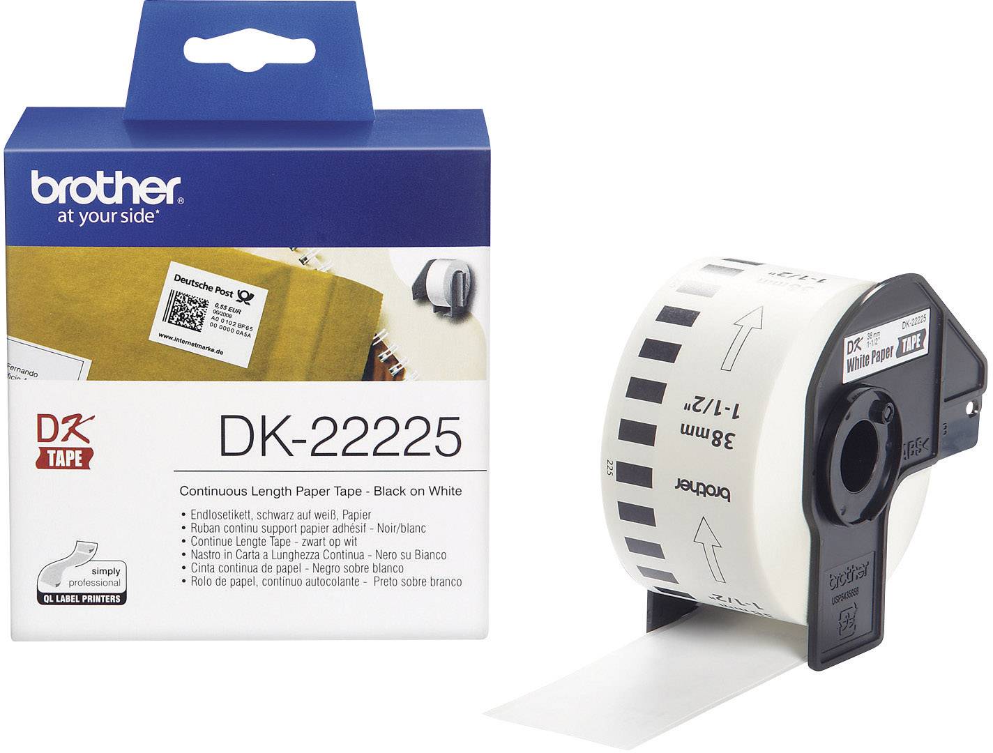 'Brother DK-22225' Endlos-Etikettenrolle, schwarz auf weiß, für QL-Drucker gezeigt. Verpackung zeigt Empfehlung für Adressetiketten.