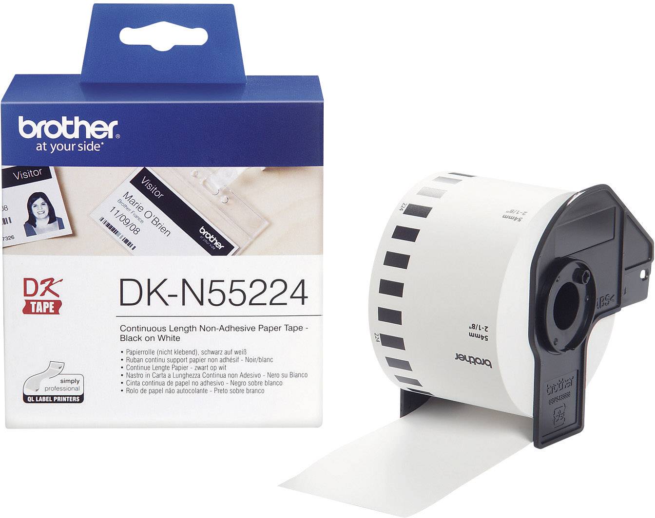 Etikettenband von Brother, Modell DK-N55224, nicht klebend, schwarz auf weiß, neben der Verpackung gezeigt.