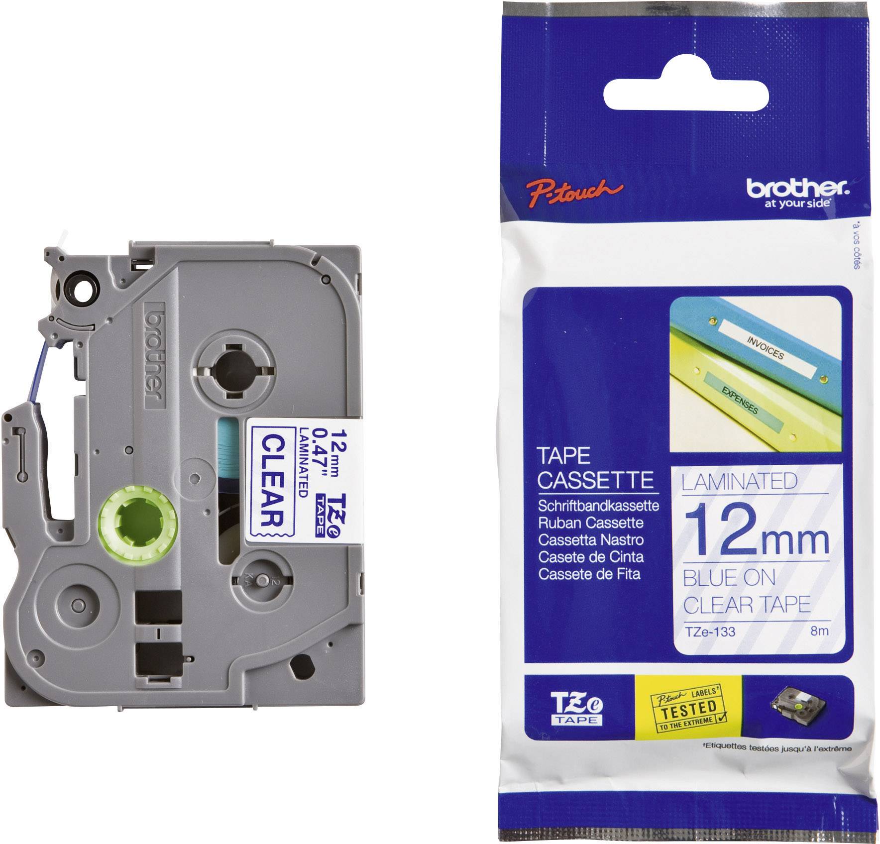 Schriftband Brother TZe TZe-133 Bandfarbe: Transparent Schriftfarbe:Blau 12 mm 8 m
