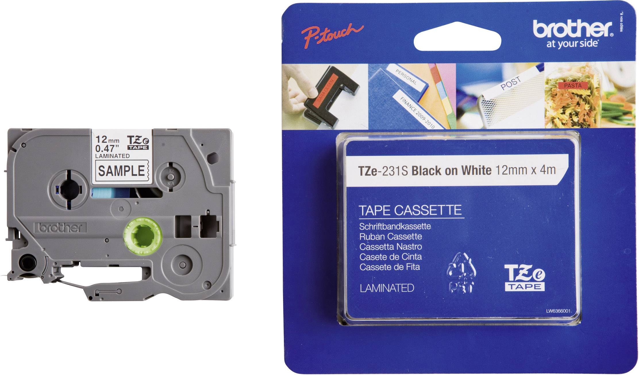 Eine graue Schriftbandkassette mit grünem Spulrad neben ihrer Verpackung. Verpackung zeigt Text: 'TZe-231S Black on White 12mm x 4m'.