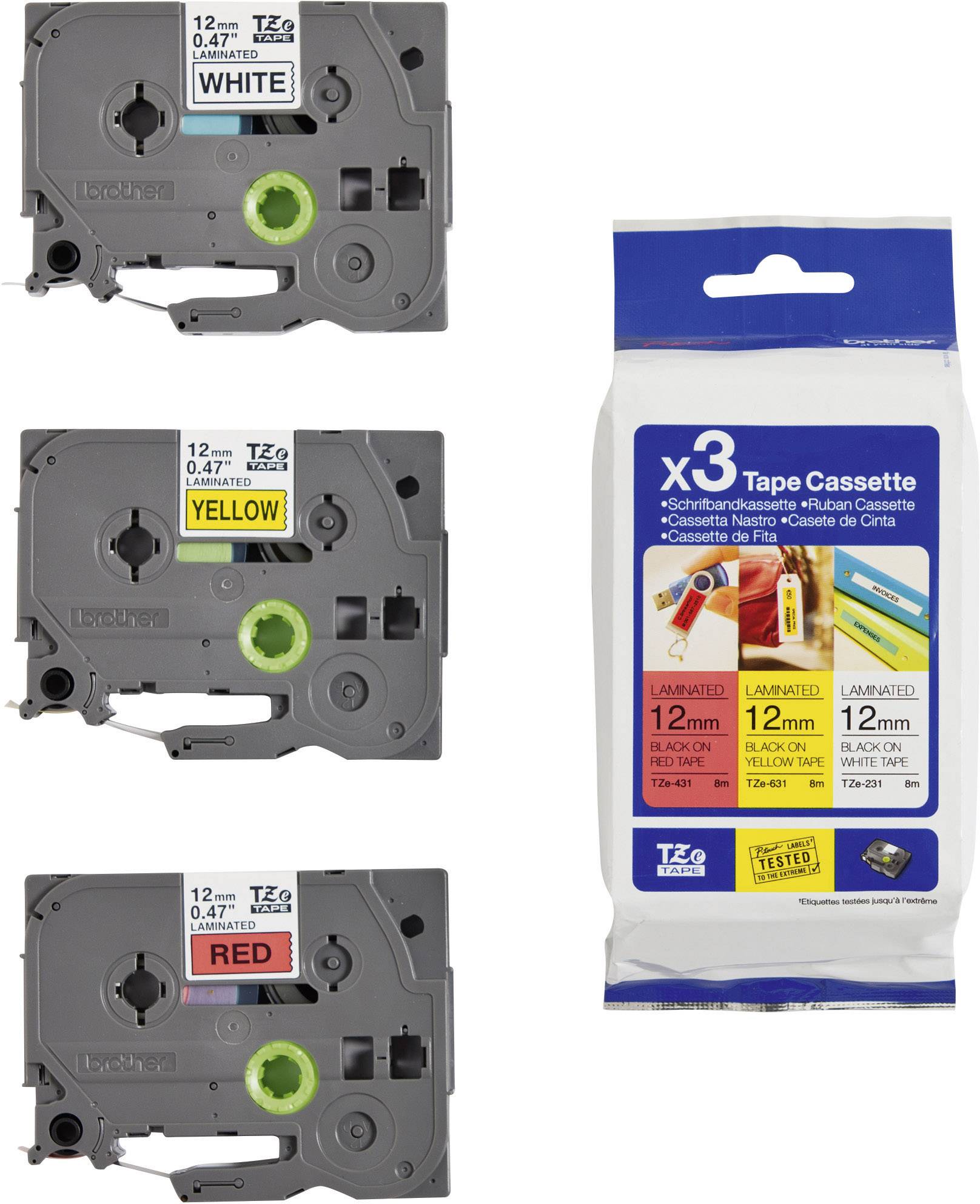 Drei Etikettenkassetten in Weiß, Gelb und Rot, jede 12 mm x 8 m. Verpackung für drei Bänder zeigt Produktspezifikationen.