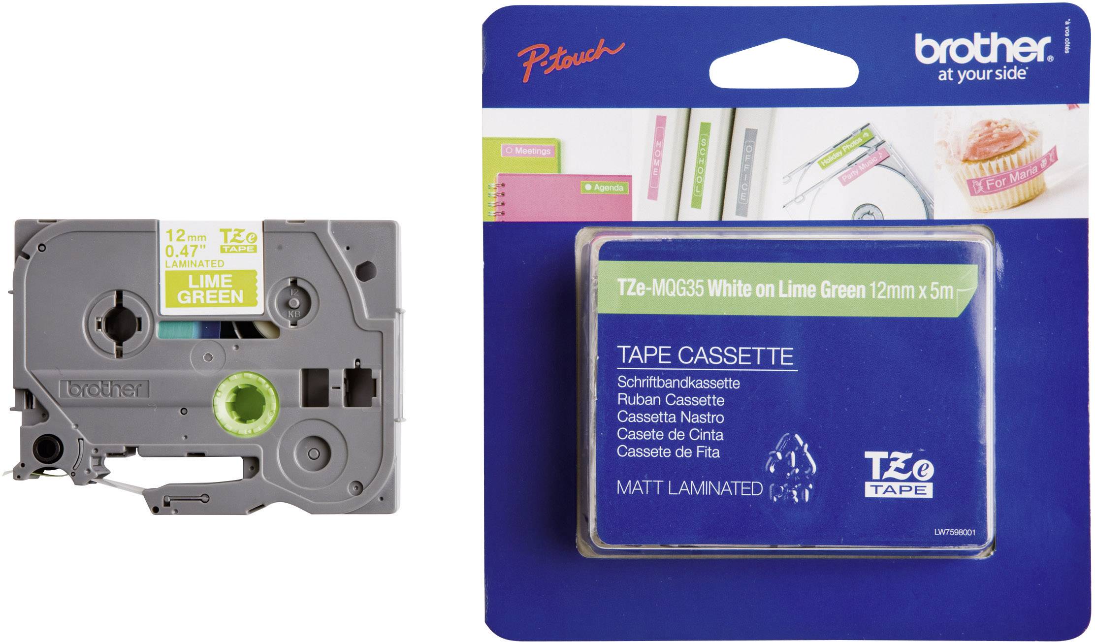 Schriftband Matt Brother TZe TZe-MQG35 Bandfarbe: Apfelgrün (matt) Schriftfarbe:Weiß 12 mm 5 m