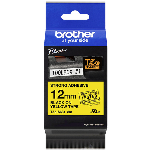 Labelling tape (extra strong adhesive) Brother TZe, TZ TZe-S631 Tape colour: Yellow Font colour:Black 12 mm 8 m
