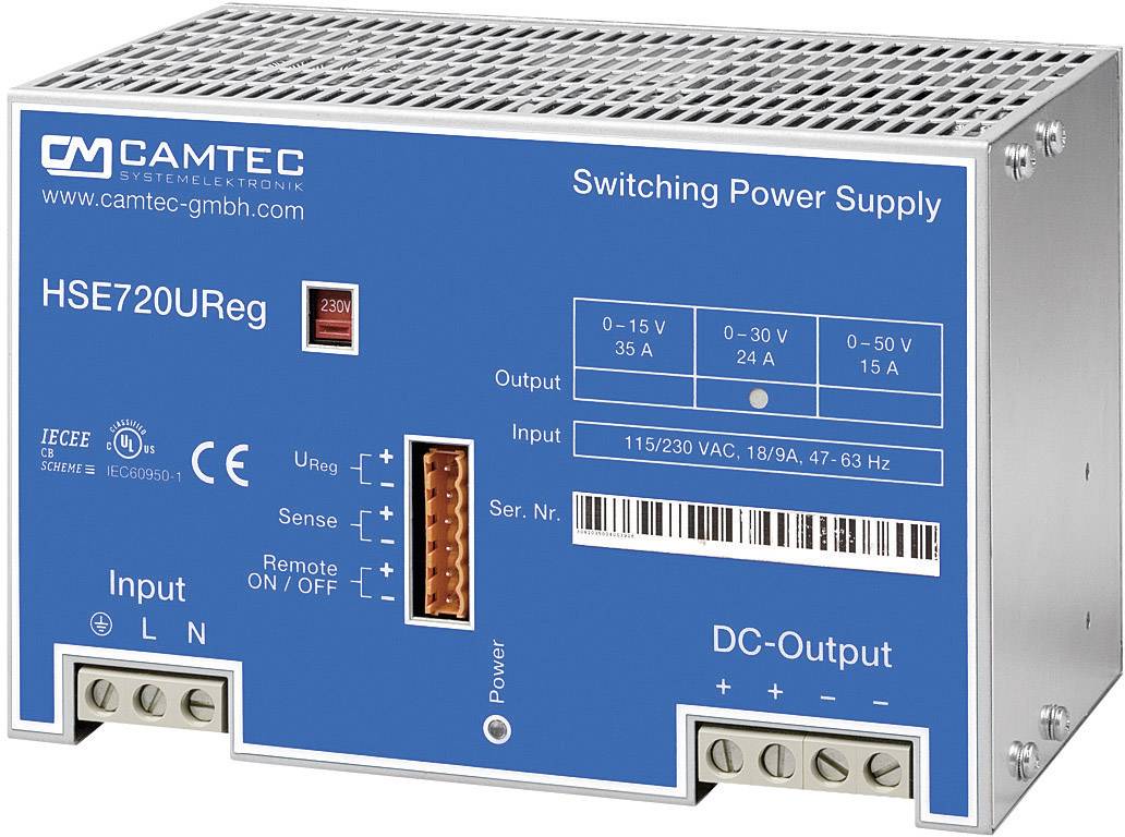 Schaltnetzteil von CAMTEC, Modell HSE720UReg. Eingangsbereich 115/230V, Ausgang 0-15V bis 0-60V. Geeignet für industrielle Anwendungen.