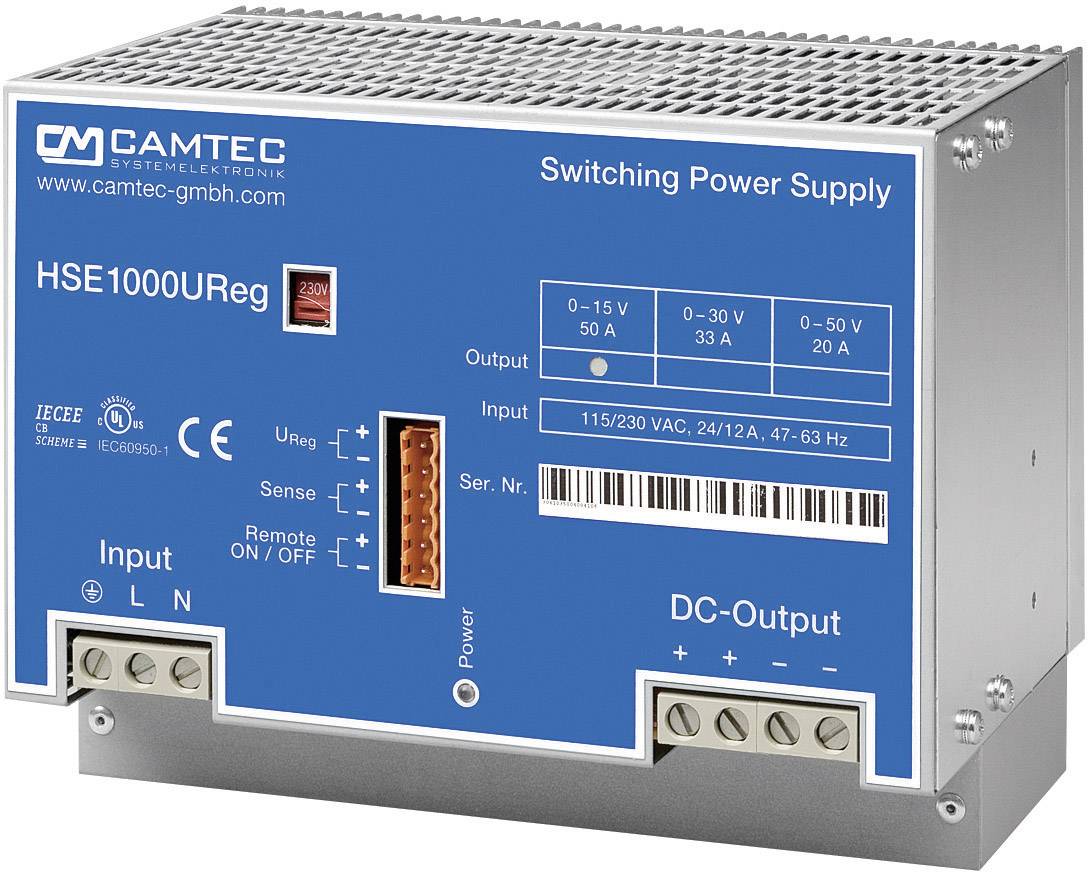 Schaltnetzteil von CAMTEC, Modell HSE1000UReg, zeigt Eingangs- und Ausgangsparameter. Geeignet für industrielle Anwendungen.