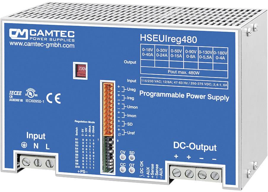 Netzteilgerät mit blauem Gehäuse, bezeichnet als 'HSEUIreg480' von CAMTEC. Enthält Anschlüsse für Eingang und DC-Ausgang.