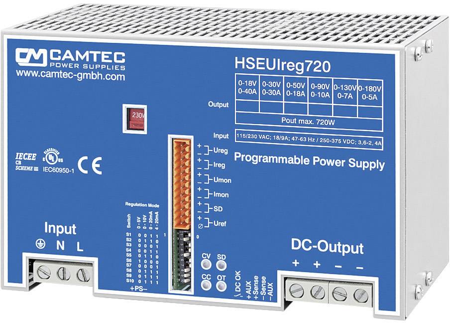 Programmierbares Netzteil von Camtec, Modell HSEUIreg720. Zeigt Spezifikationen für Eingang/Ausgang, Leistung bis 720W. CE- und IEC-zertifiziert.