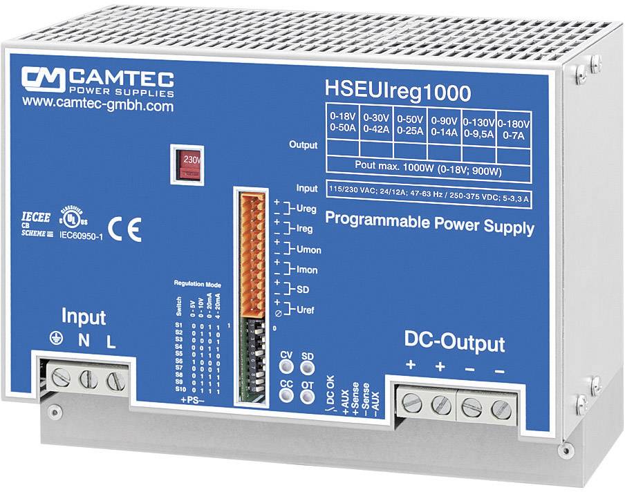 Elektronisches Gerät mit blauem Bedienfeld, Aufschrift 'CAMTEC', Modell 'HSEUIreg1000', Anzeige für Eingang, Ausgang, diverse Anschlüsse.