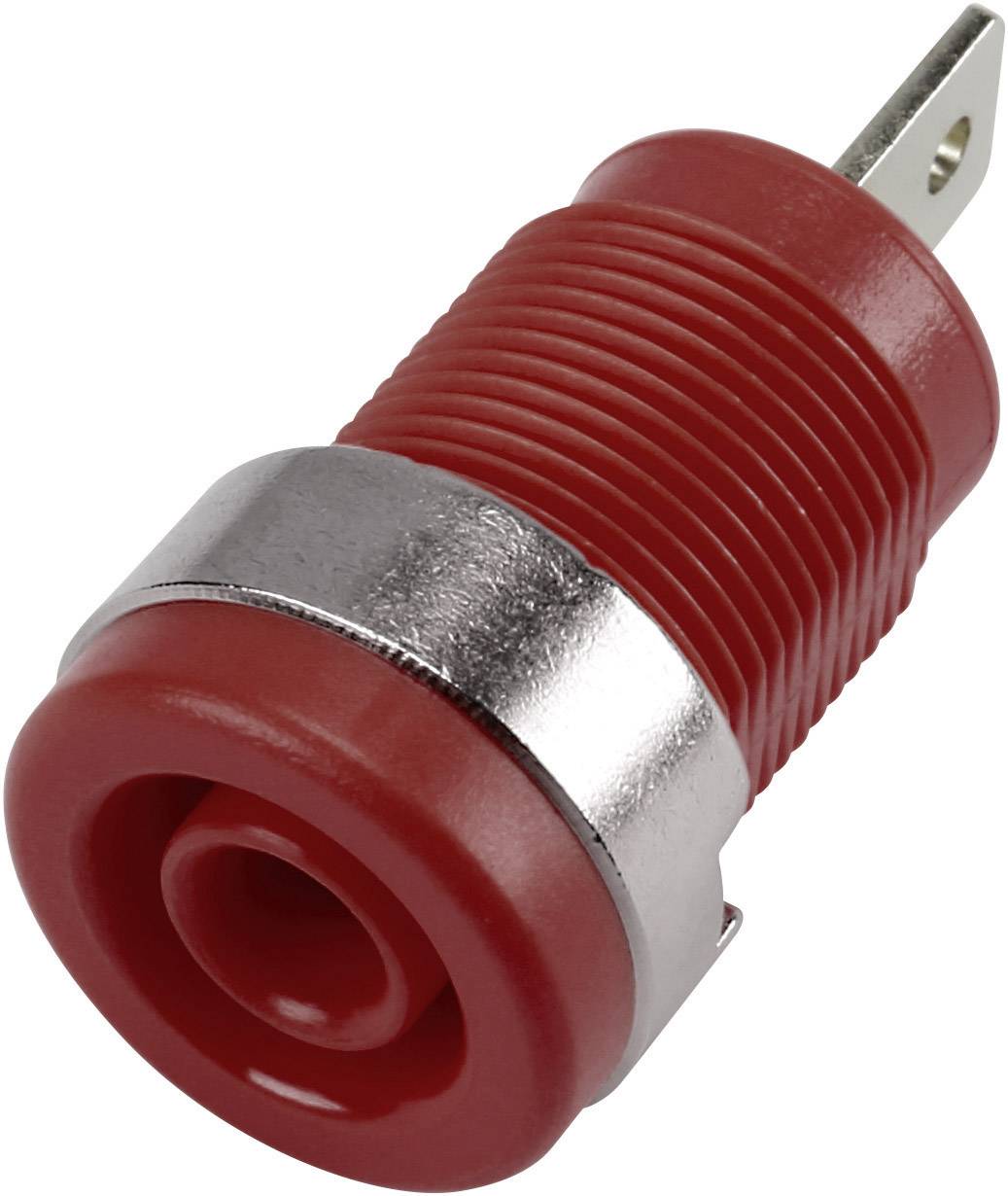 Roter Bananenstecker mit Metallgehäuse, typische Verwendung in elektronischen Schaltungen für sichere elektrische Verbindungen.