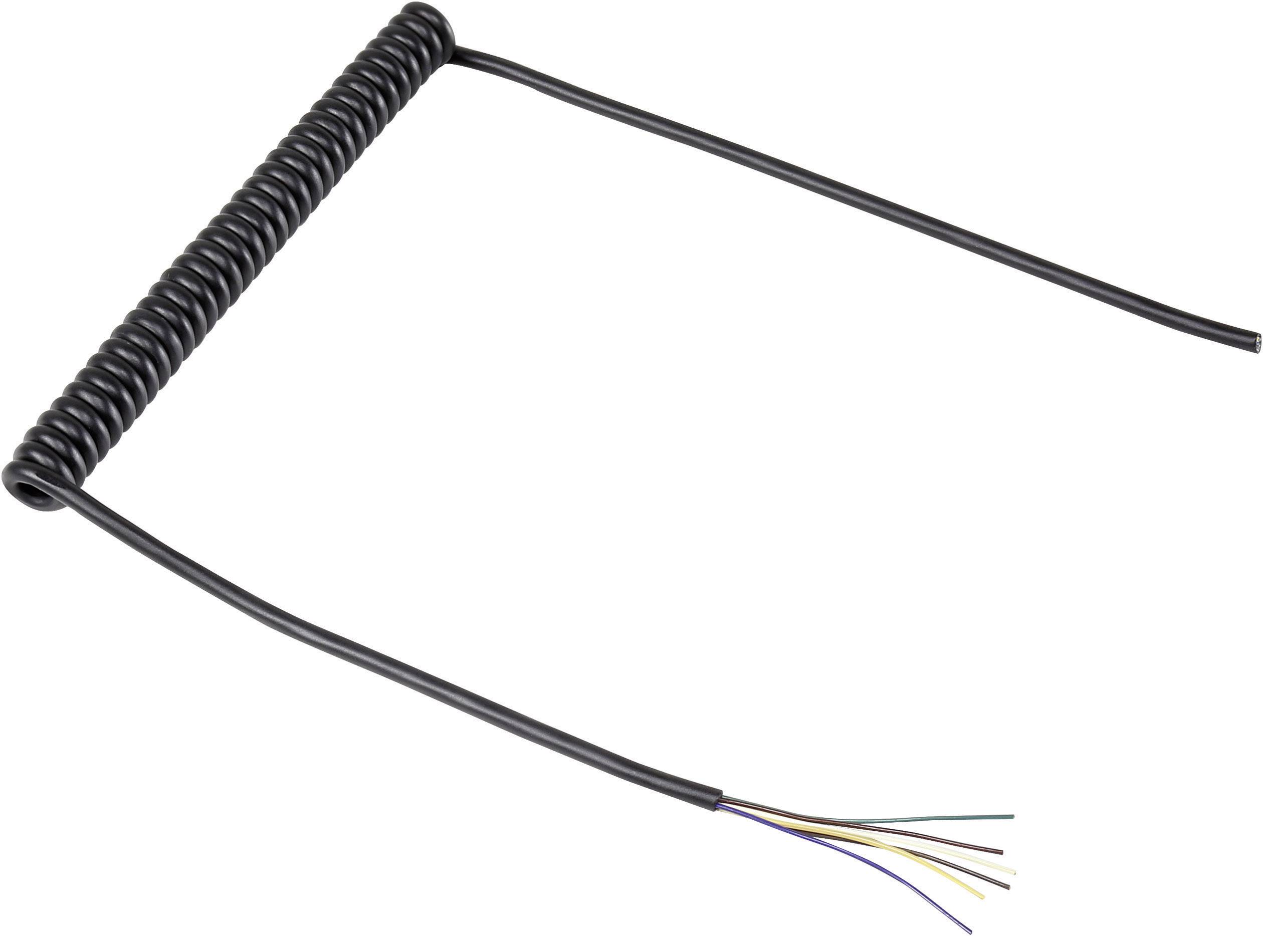 Schwarzes Spiralkabel mit freien Enden, geeignet für elektronische Verbindungen.