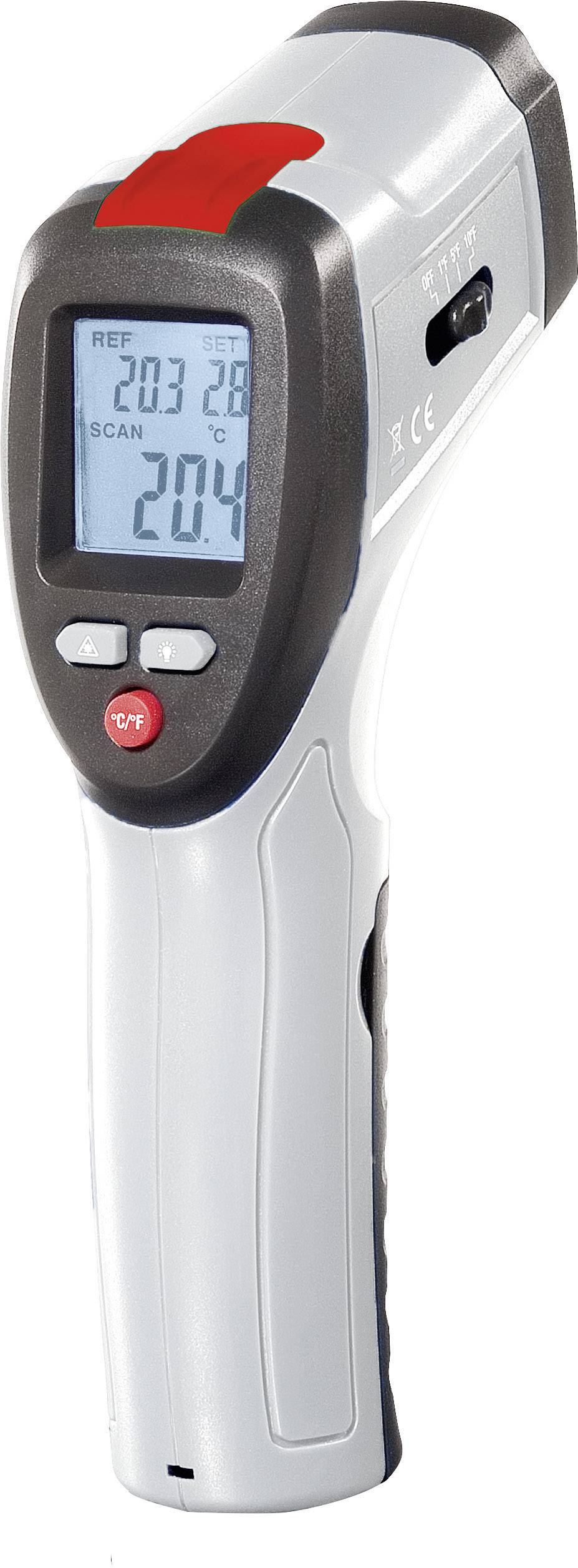 Handgerät mit digitalem Display zeigt Temperatur in Grad Celsius an. Gerät hat Knöpfe zur Bedienung und ist schwarz-weiß mit roten Akzenten.