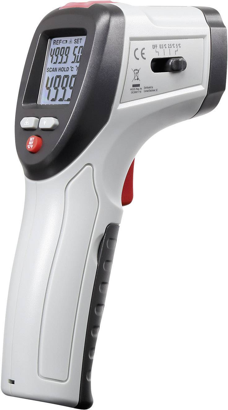 Ein digitales Infrarot-Thermometer mit großem Display zeigt eine abgelesene Temperatur von 499,9 Grad an.