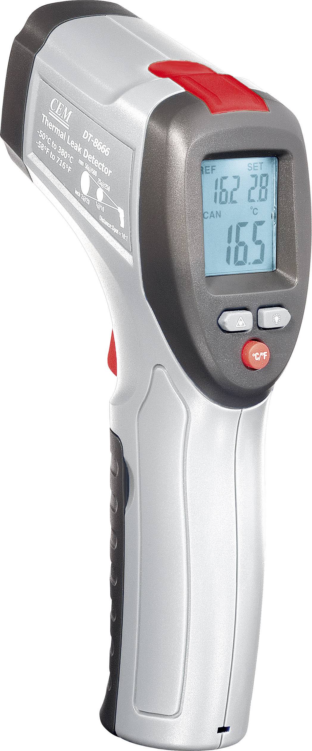 Ein Infrarot-Thermometer mit digitalem Display zeigt eine Temperatur von 16,5 Grad Celsius an.