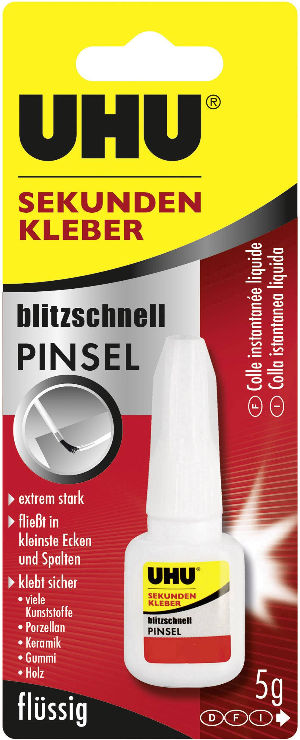 Sekundenkleber 'UHU PINSEL', 5g Flasche. Beschreibung: flüssig, schnell trocknend, geeignet für Porzellan, Kunststoff, Keramik, Glas, Gummi, Holz.