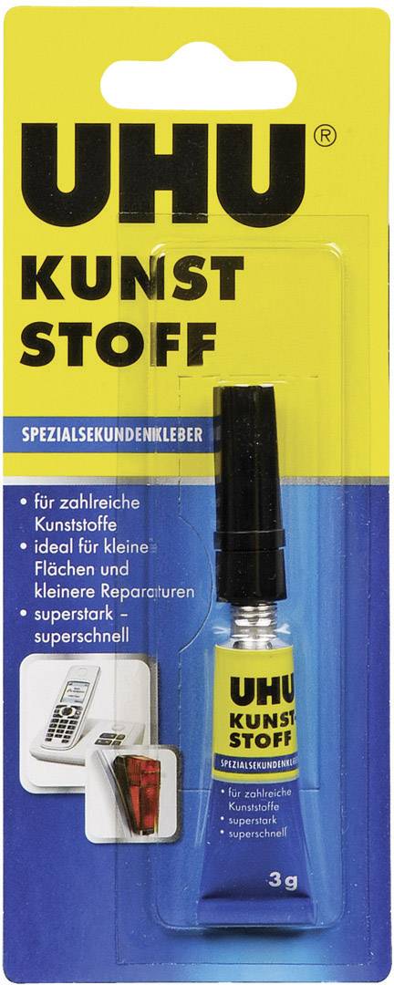 Kleberpackung von UHU für Kunststoffe. Auf der Packung steht: 'für zahlreiche Kunststoffe, ideal für kleine Flächen und Reparaturen'.
