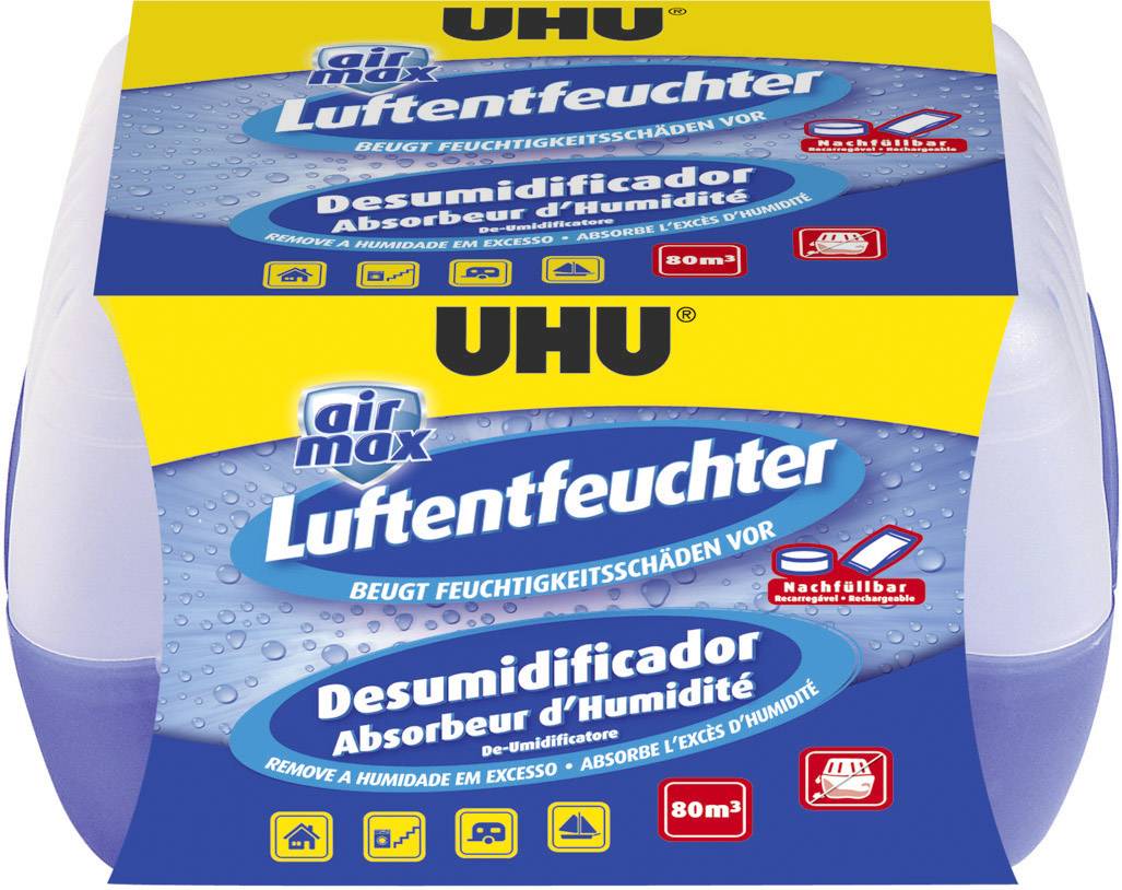 Luftentfeuchter von UHU, beugt Feuchtigkeitsschäden vor, nachfüllbar, absorbiert Feuchtigkeit bis zu 80m².