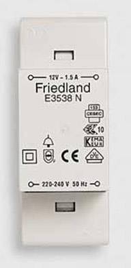 Ein weißer Klingeltransformator mit Aufdruck 'Friedland E3538 N', technischen Spezifikationen und verschiedenen Sicherheitszertifizierungen.