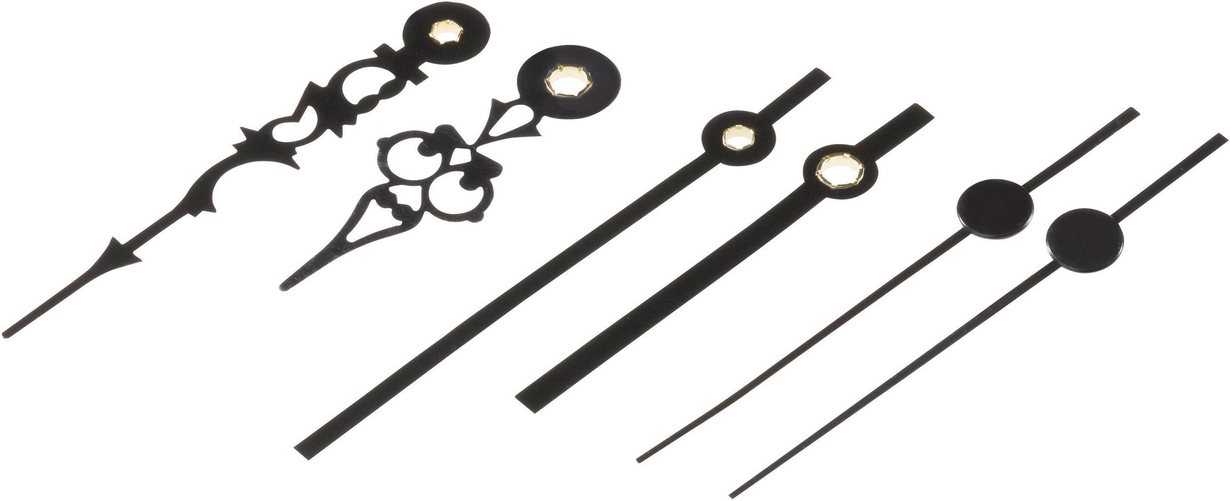 Fünf verschiedene Sets von Uhrzeigern in unterschiedlichen Stilen und Längen, ausgelegt auf einem weißen Hintergrund.