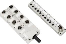 Industrielle Verteilerboxen mit mehreren Steckplätzen für elektrische Verbindungen, in robustem Kunststoffgehäuse.