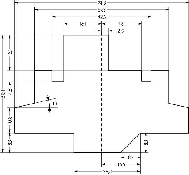 Technische Zeichnung eines Bauteils mit Bemaßungen in Millimetern. Maße: Breite 74,3, Tiefe 42,2, diverse Innenmaße und Winkel.