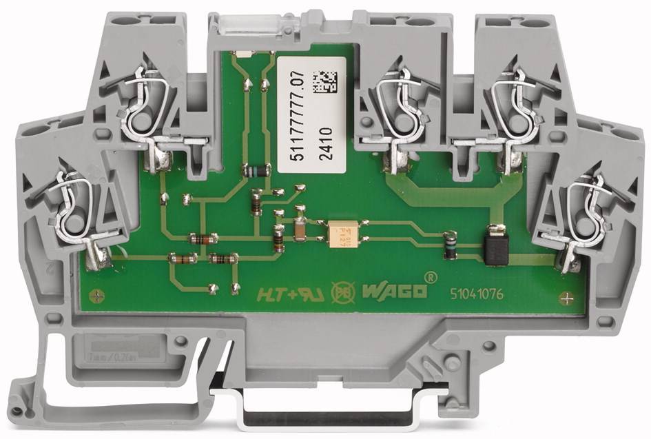 Elektronische Baukomponente mit grünem Schaltkreis und grauem Gehäuse. Enthält Metallklemmen und elektronische Bauteile.
