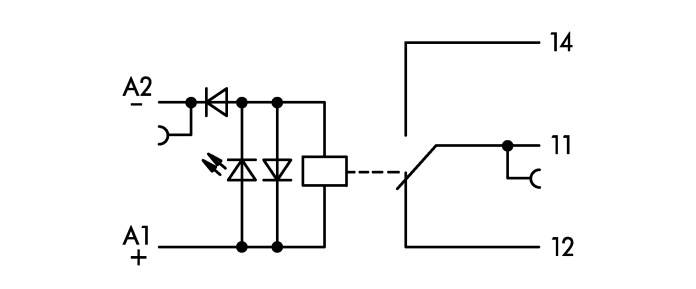 Schaltsymbol zeigt Relais mit Leuchtdiode, Diode und Kontaktanschlüssen. Verbindungen von A1, A2 zu Kontakten 11, 12, 14.