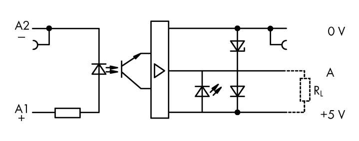 Schaltplan eines optokopplerbasierten Schaltkreises, der Eingang A1/A2 mit einer Diode und einem Transistor zur Steuerung der Last RL verbindet.
