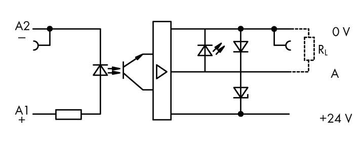 Schaltschema eines Optokopplers: Eingang A1, A2 verbindet zu LED. Ausgang führt Strom über Diode, Transistor zu Last (R_L).
